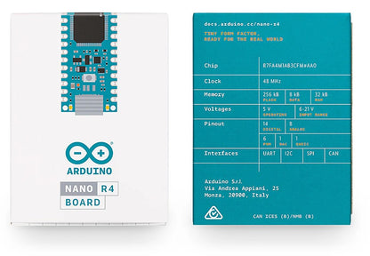 Arduino Nano R4 udviklingskort uden stiftliste, front med Arduino-logo, Nano R4 grafik og specifikationer printet.