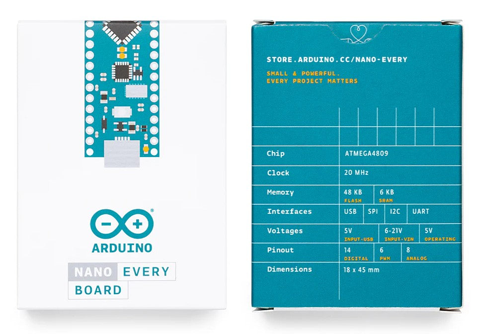 Arduino Nano Every udviklingskort uden stiftlister, front med Arduino-logo, bagside viser specifikationer: ATMega4809, grænseflader, m.m.