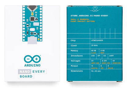 Arduino Nano Every udviklingskort uden stiftlister, front med Arduino-logo, bagside viser specifikationer: ATMega4809, grænseflader, m.m.