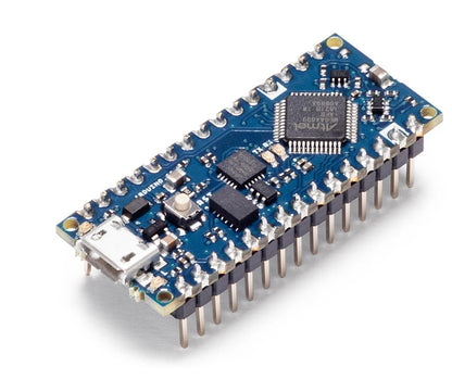 Arduino Nano Every blå mikrocontroller med USB-port og to rækker stiftlister til breadboard-tilslutning.