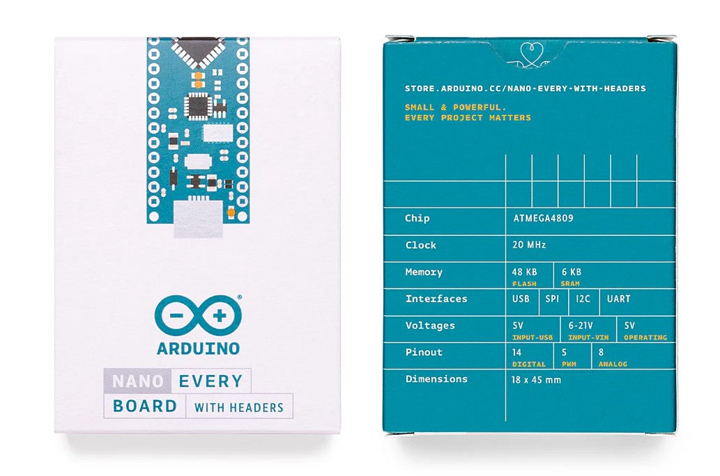 Arduino Nano Every med stiftlister, pakke viser boardillustration, Arduino-logo, ATMEGA4809, 20MHz, 48KB flash.