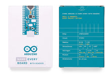 Arduino Nano Every med stiftlister, pakke viser boardillustration, Arduino-logo, ATMEGA4809, 20MHz, 48KB flash.