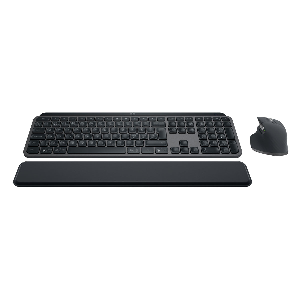 Logitech MX Keys S Combo – trådløst tastatur i grafitfarve med håndledsstøtte og ergonomisk mus.