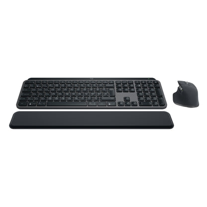 Logitech MX Keys S Combo – trådløst tastatur i grafitfarve med håndledsstøtte og ergonomisk mus.