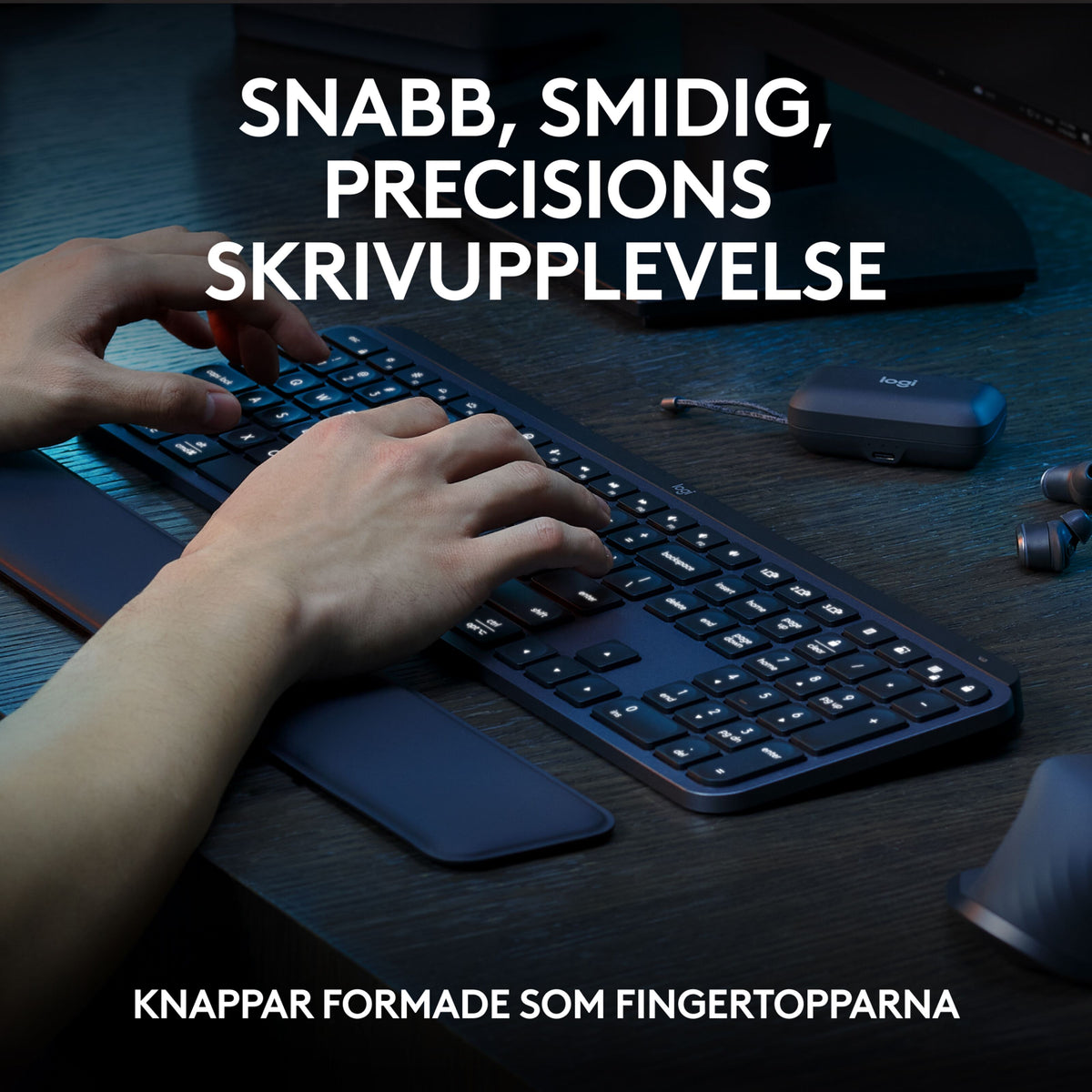 Logitech MX Keys S Combo – trådløst tastatur med lavprofiltaster, håndledsstøtte, trådløs mus og øretelefoner.