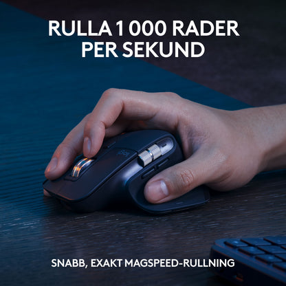 Logitech MX Keys S Combo-mus i grafitfarve med metallisk rullehjul på et træbord og tekst om MagSpeed-rulning.
