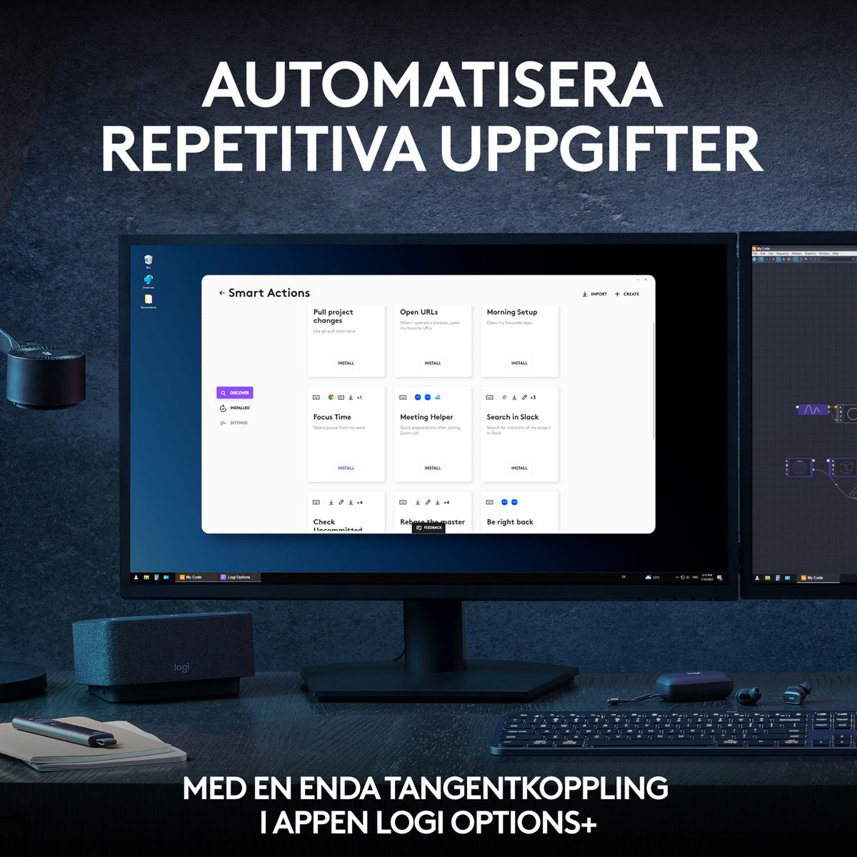 Logitech MX Keys S Combo – trådløst tastatur og mus i farven Graphite, vist med Logi Options+ Smart Actions-menuen på skærmen.