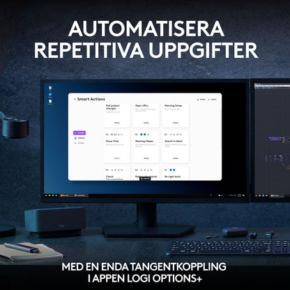 Logitech MX Keys S Combo – trådløst tastatur og mus i farven Graphite, vist med Logi Options+ Smart Actions-menuen på skærmen.