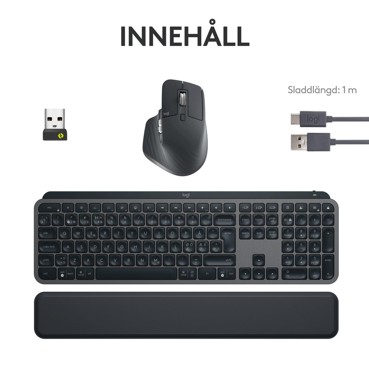 Logitech MX Keys S Combo – trådløst tastatur og mus i Graphite med håndledsstøtte, USB-modtager og USB-A til USB-C-kabel.