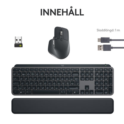 Logitech MX Keys S Combo – trådløst tastatur og mus i Graphite med håndledsstøtte, USB-modtager og USB-A til USB-C-kabel.
