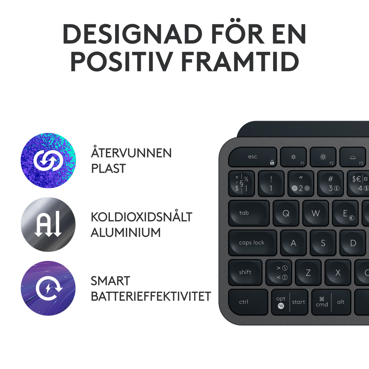 Logitech MX Keys S Combo – trådløst tastatur i farven graphite med ikoner for genbrugsplast, aluminium og batteri.