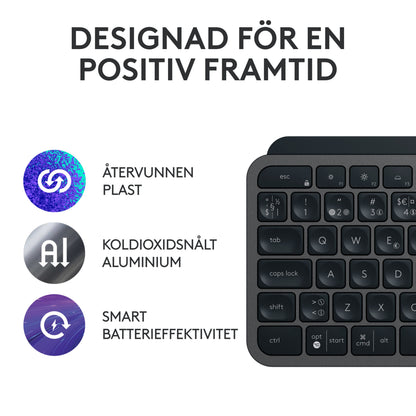 Logitech MX Keys S Combo – trådløst tastatur i farven graphite med ikoner for genbrugsplast, aluminium og batteri.