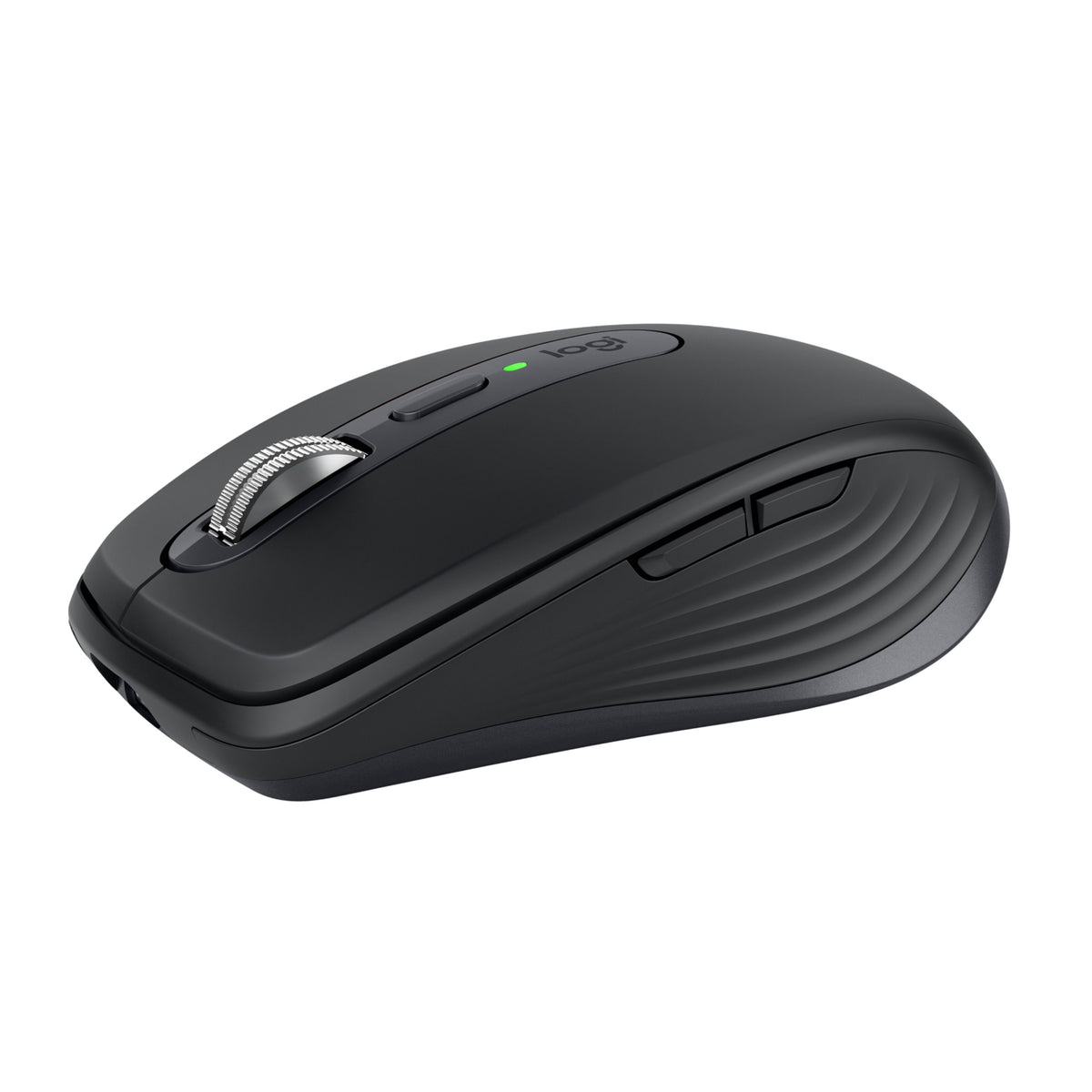Logitech MX Anywhere 3S trådløs mus i grafitfarve med metal-rullehjul, to sideknapper og statusindikator.