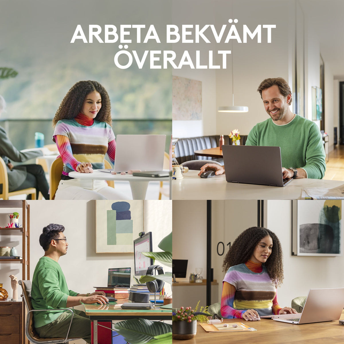 Fire personer bruger den trådløse Logitech MX Anywhere 3S-mus i grafitfarve sammen med bærbare computere i forskellige arbejdsmiljøer.