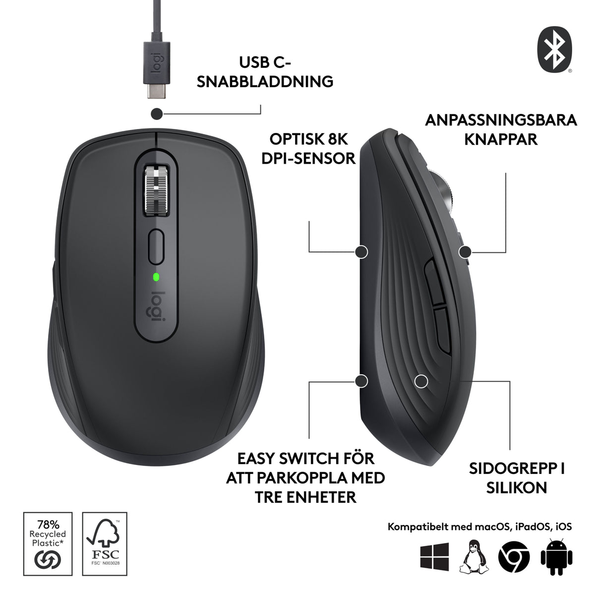 Logitech MX Anywhere 3S trådløs mus i grafit, set ovenfra og fra siden med USB-C, sensor, sideknapper og skift mellem flere enheder.