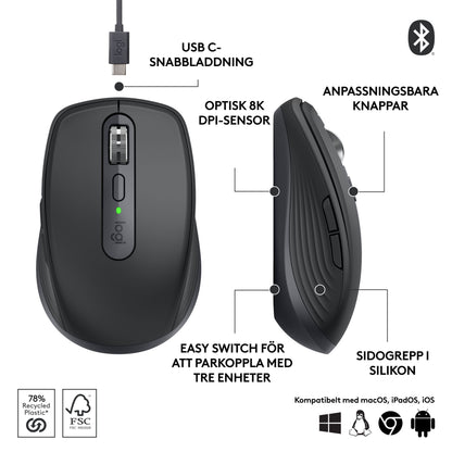 Logitech MX Anywhere 3S trådløs mus i grafit, set ovenfra og fra siden med USB-C, sensor, sideknapper og skift mellem flere enheder.