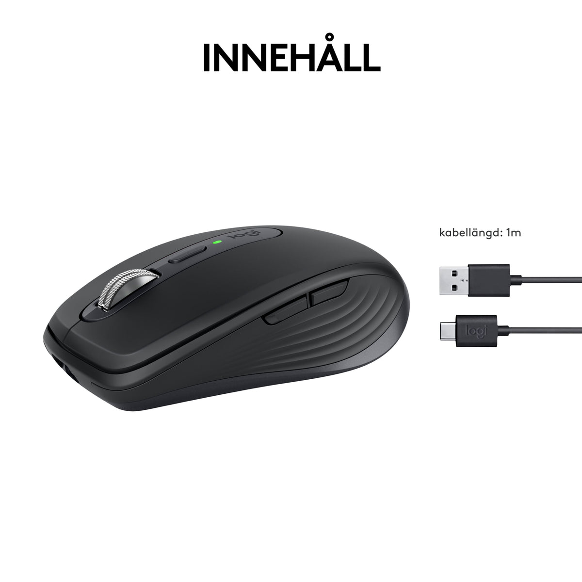 Logitech MX Anywhere 3S trådløs mus i Graphite med metallisk rullehjul og USB-A til USB-C-opladerkabel.