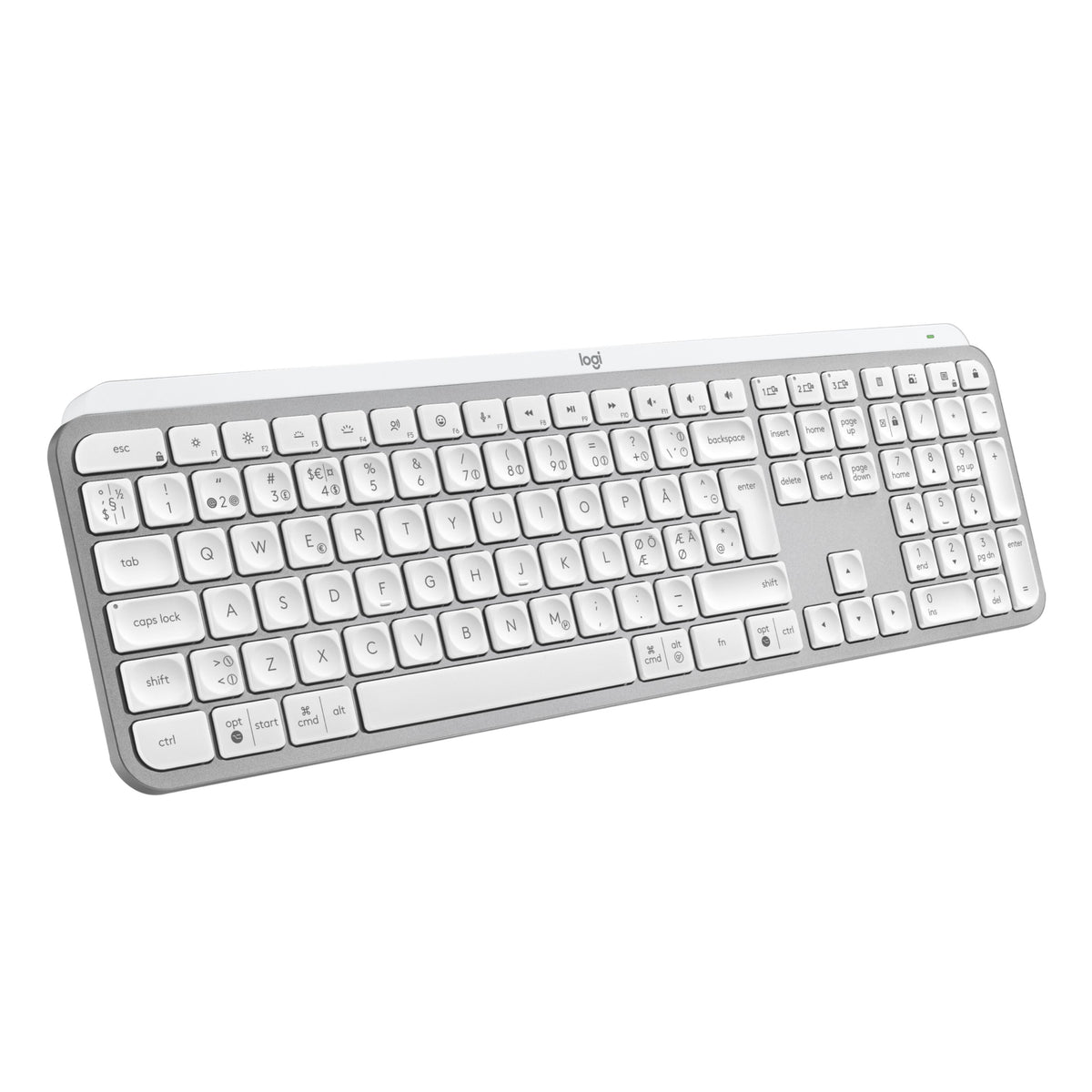 Logitech MX Keys S trådløst tastatur, lys grå, nordisk tastaturlayout, sølvfarvet ramme, lys grå underside, hvide taster, baggrundsbelysning.
