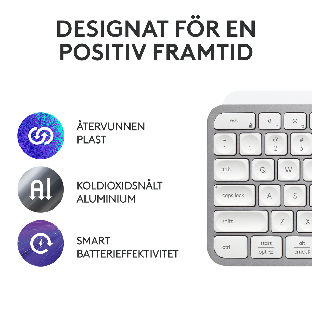 Logitech MX Keys S trådløst tastatur i Pale Grey med ikoner for genbrugsplast, kulstoffattigt aluminium og batteri.