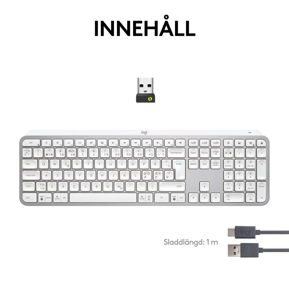 Logitech MX Keys S trådløst tastatur, lys grå, lavprofil, nordisk tastaturlayout, smart belysning, USB-modtager og USB-C-kabel.