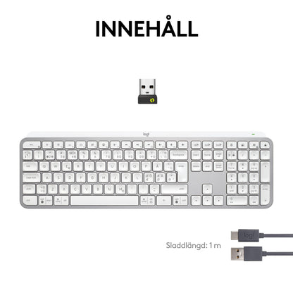 Logitech MX Keys S trådløst tastatur, lys grå, lavprofil, nordisk tastaturlayout, smart belysning, USB-modtager og USB-C-kabel.