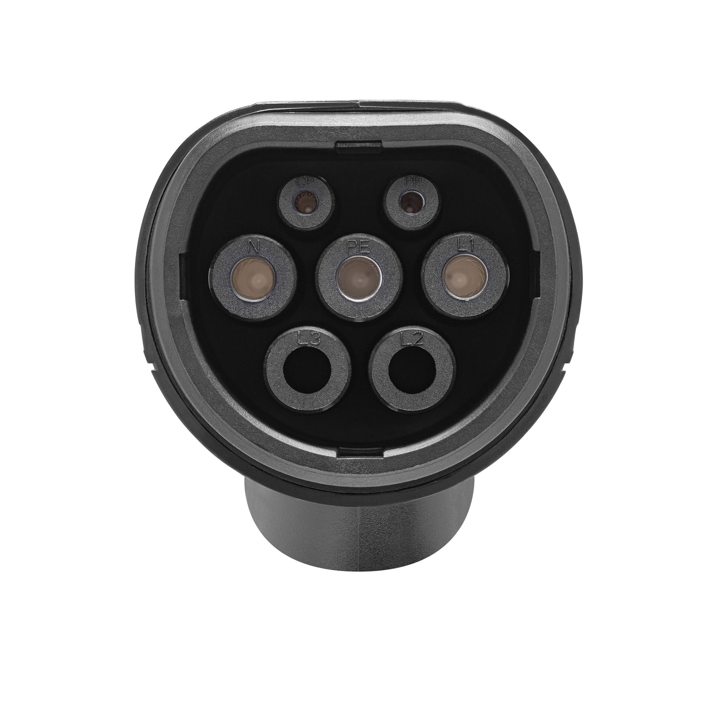 Luxorparts e-Charge Schuko til Type 2 ladekabel 5 m stik med fem runde ben og to mindre huller set forfra.