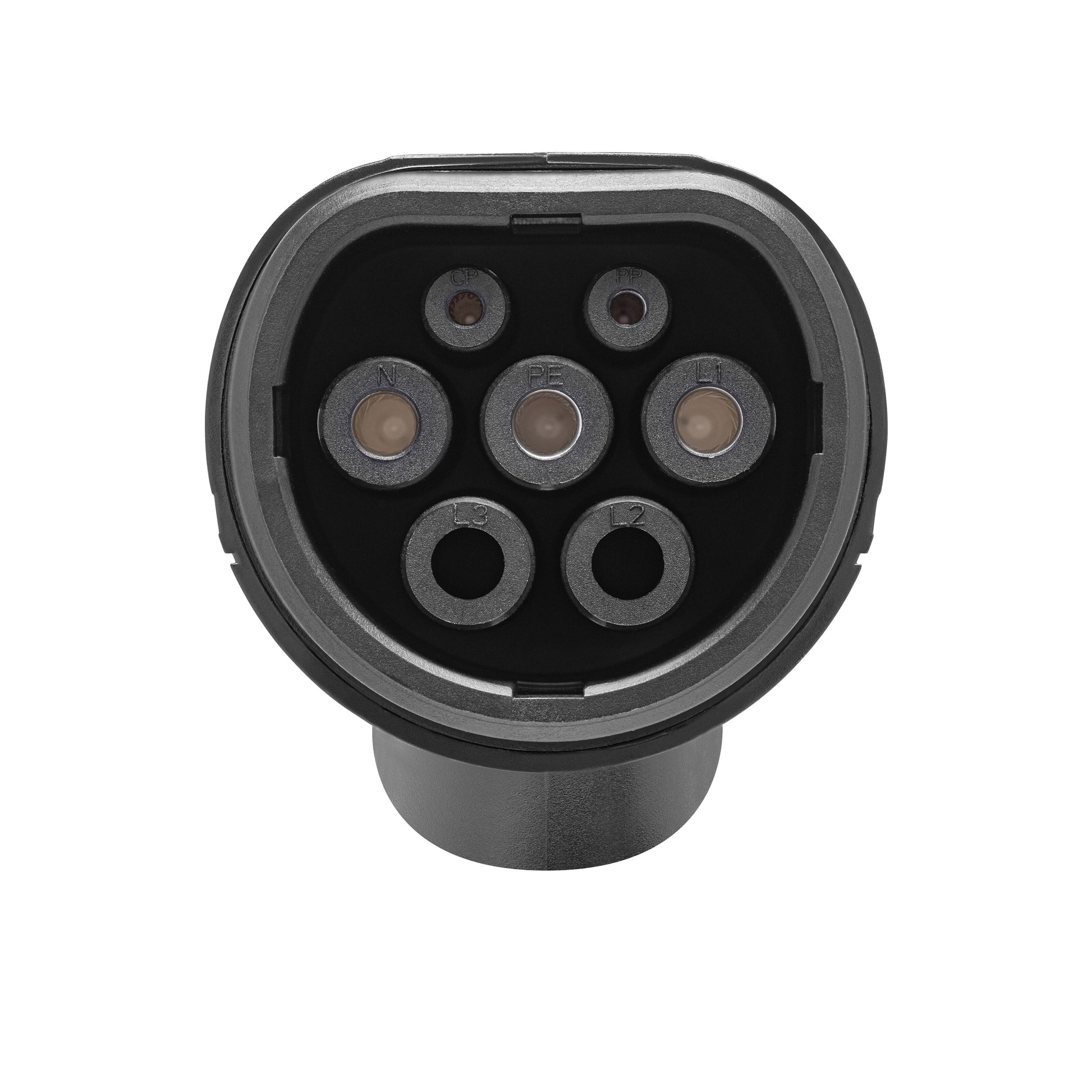 Luxorparts e-Charge Schuko til Type 2 ladekabel 5 m stik med fem runde ben og to mindre huller set forfra.
