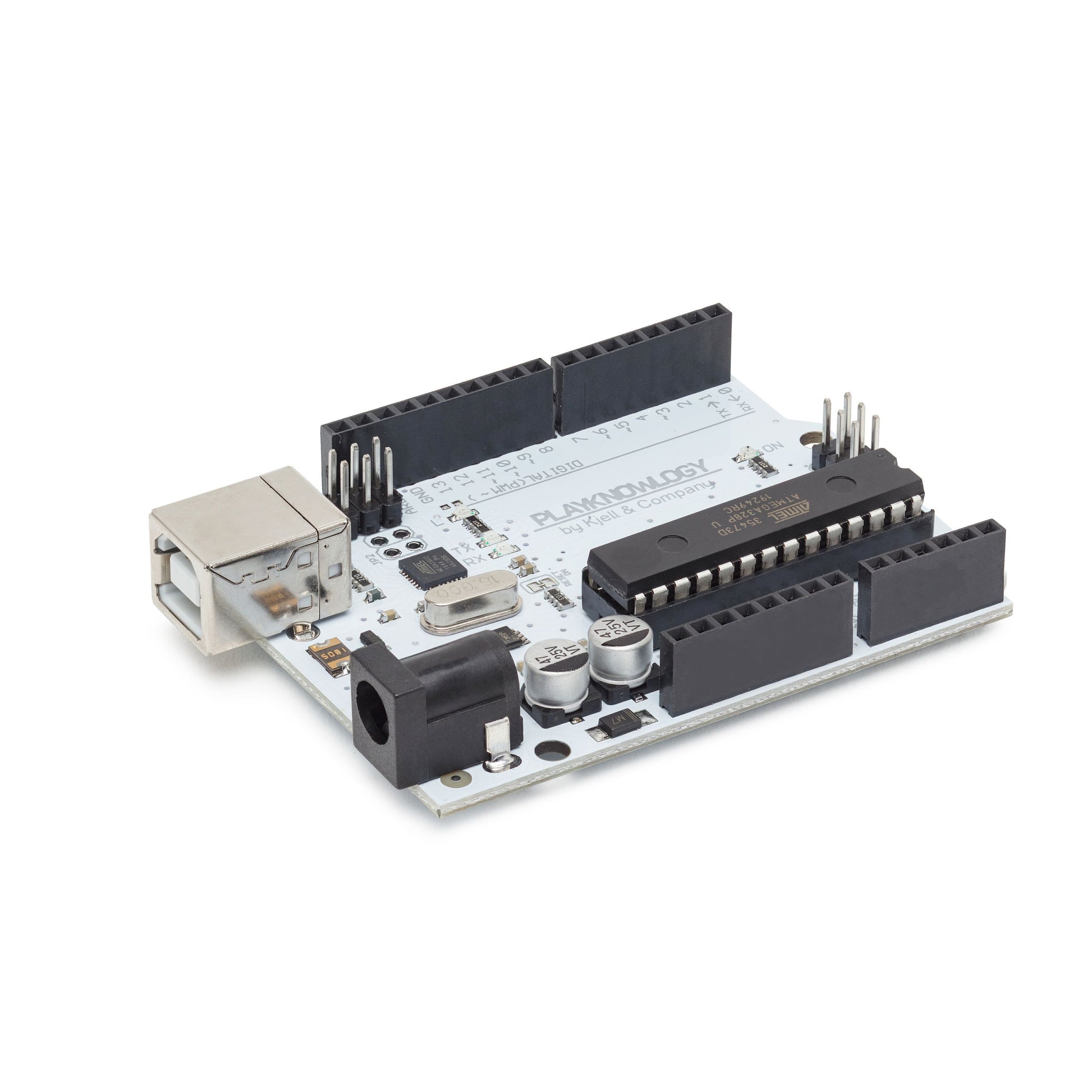 Arduino Uno Rev. 3 kompatibelt udviklingskort med ATmega328, pin-headers, USB-port og strømstik.
