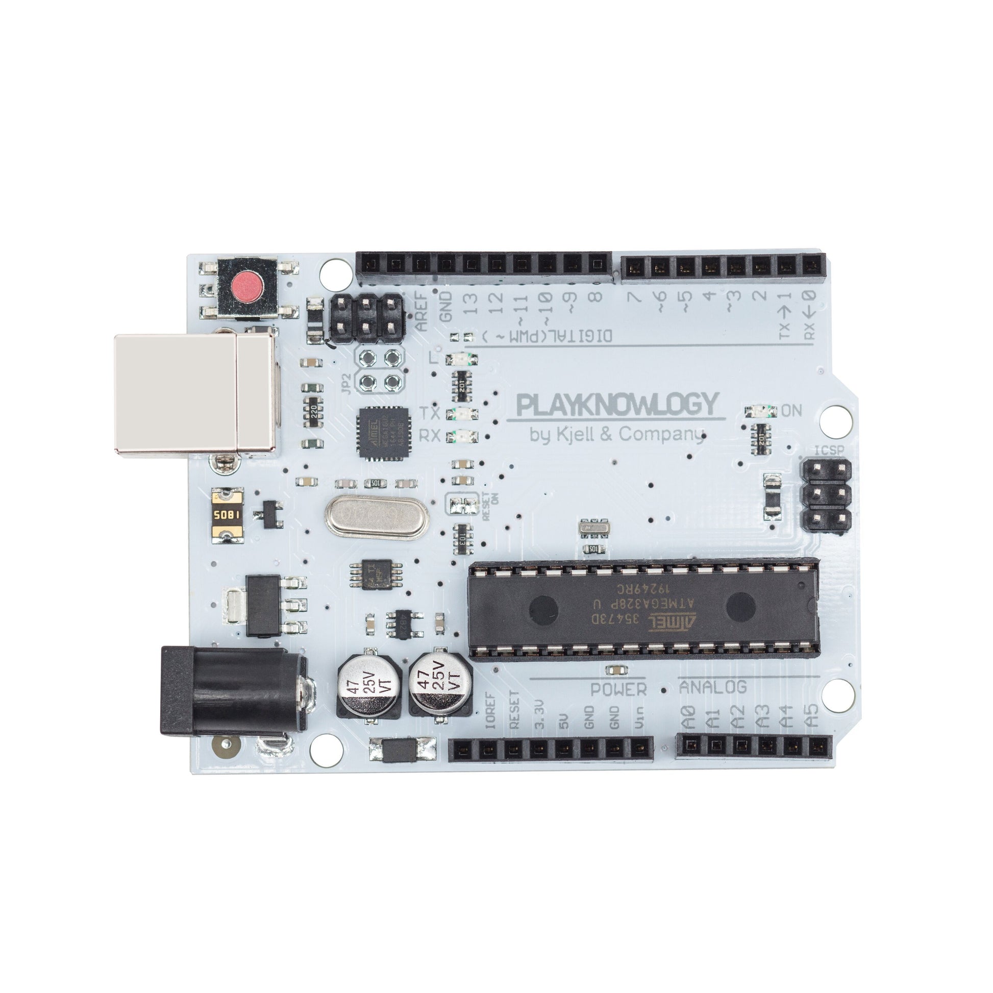 Arduino Uno Rev. 3 kompatibelt udviklingskort med ATmega328 chip, flere porte og pins, set oppefra.