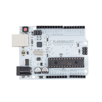 Arduino Uno Rev. 3 kompatibelt udviklingskort med ATmega328 chip, flere porte og pins, set oppefra.