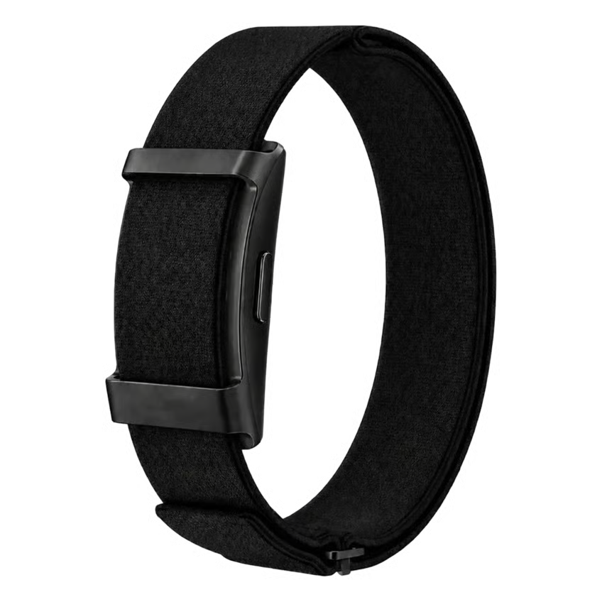 HAALE Smart Band – sundhedsarmbånd uden skærm, sort stofrem med justerbart design og rektangulær sort metallås.