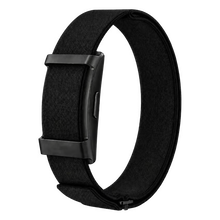 HAALE Smart Band – sundhedsarmbånd uden skærm, sort stofrem med justerbart design og rektangulær sort metallås.