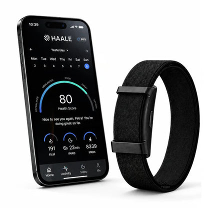 HAALE Smart Band – sundhedsarmbånd uden skærm, sort/sort, der bruges sammen med en smartphone med en sundhedsapp, der viser aktivitet og skridt.