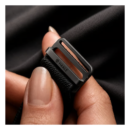 HAALE Smart Band sundhedsarmbånd uden skærm Sort/Sort, sort stofrem med metalspænde med indgraveringen »HAALE«, til HAALE Health-appen.