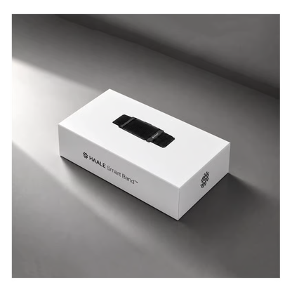 HAALE Smart Band sundhedsarmbånd uden skærm – sort/sort æske med billede af et sort armbånd på toppen.