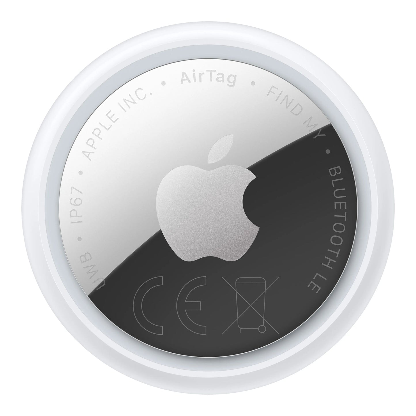 Apple AirTag 2. gen 1-pakning, rund nøglefinder, sølv front, hvid kant, Apple-logo og tekst: AirTag Bluetooth LE.