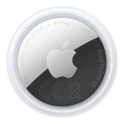 Apple AirTag 2. gen 1-pakning, rund nøglefinder, sølv front, hvid kant, Apple-logo og tekst: AirTag Bluetooth LE.