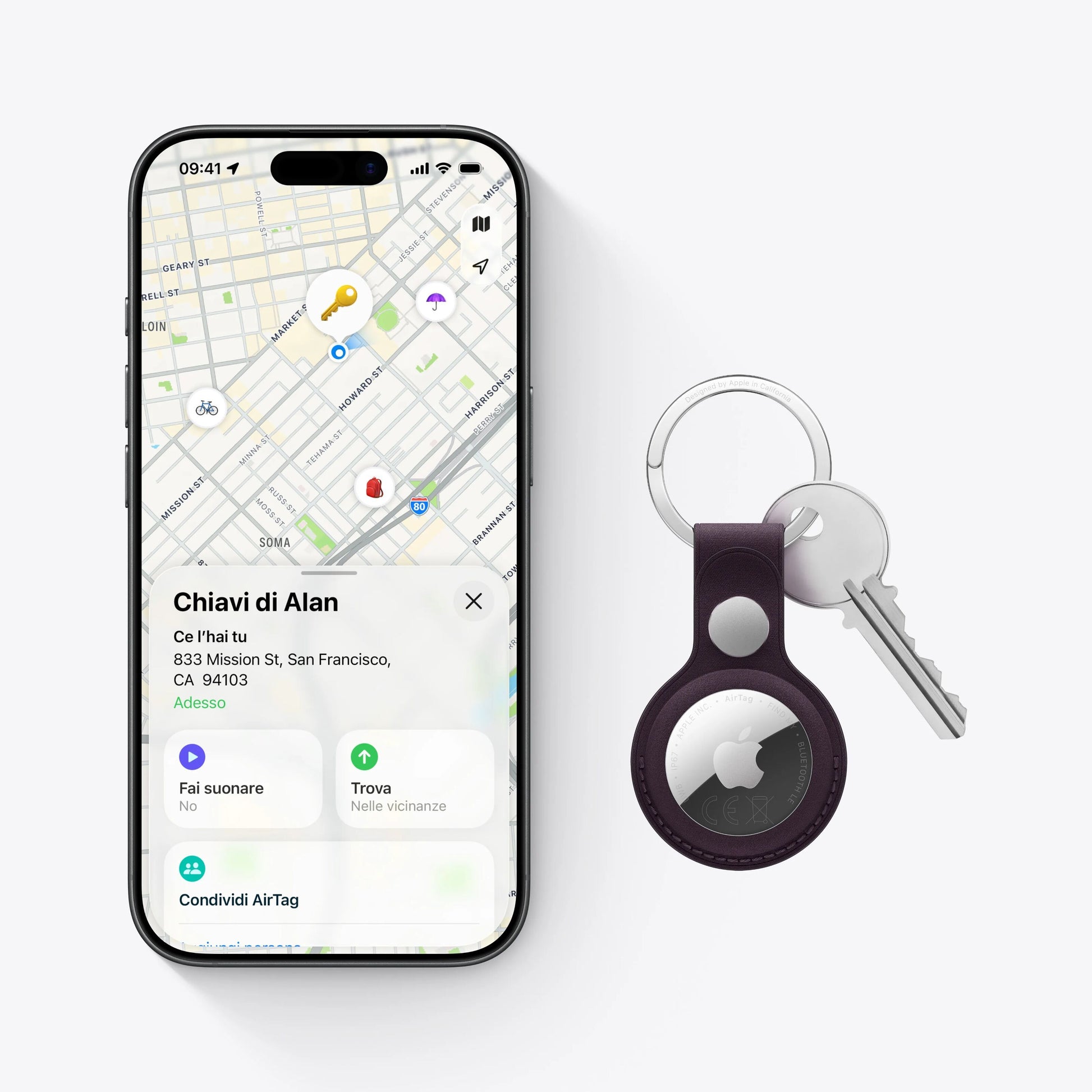 IPhone med Find My-app viser kort med "Chiavi di Alan" og Apple AirTag 2. gen i mørk lædernøglering på nøgler.