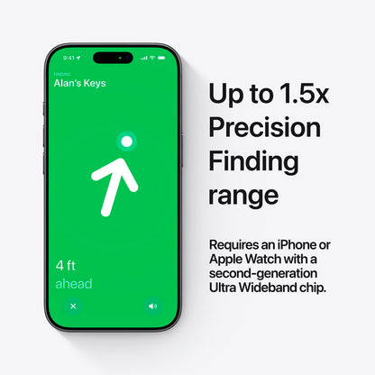 IPhone viser præcisionssøgning med Apple AirTag 2. gen 1-pak, "4 ft ahead" på skærmen, kræver kompatibel enhed.
