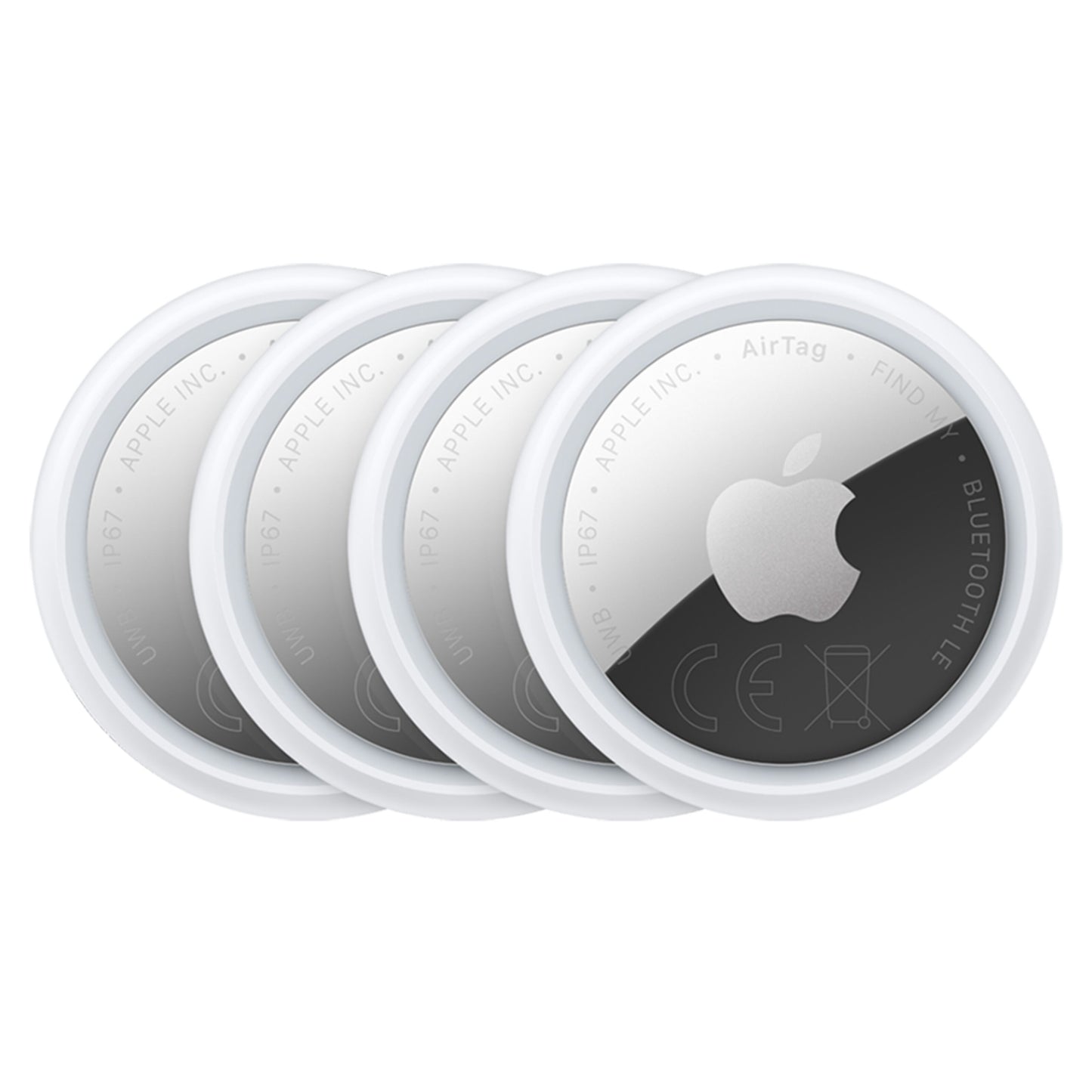 Apple AirTag 2. gen 4-pak runde hvide og sølv Bluetooth-enheder med Apple-logo og detaljeret overflade.