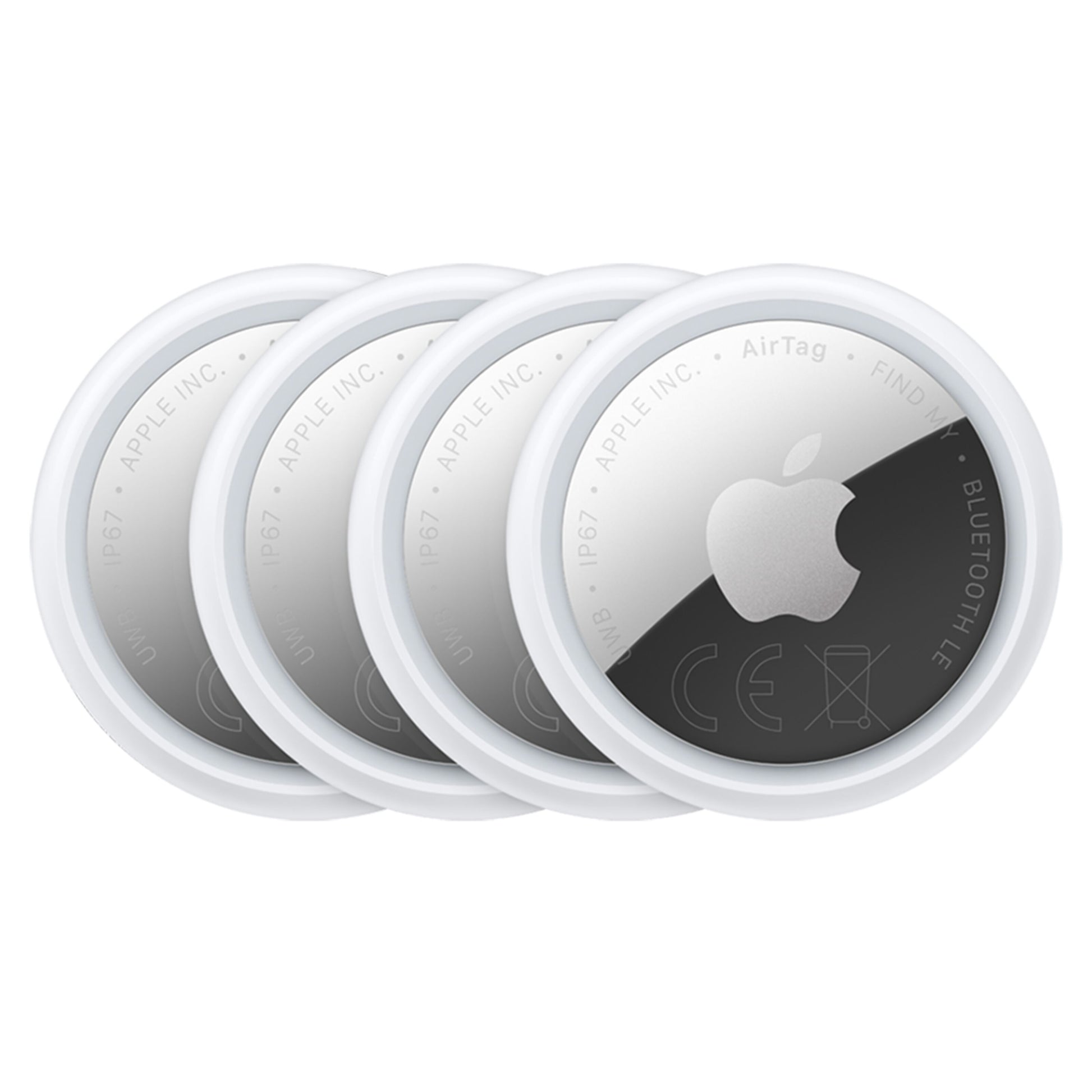 Apple AirTag 2. gen 4-pak runde hvide og sølv Bluetooth-enheder med Apple-logo og detaljeret overflade.