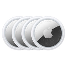 Apple AirTag 2. gen 4-pak runde hvide og sølv Bluetooth-enheder med Apple-logo og detaljeret overflade.