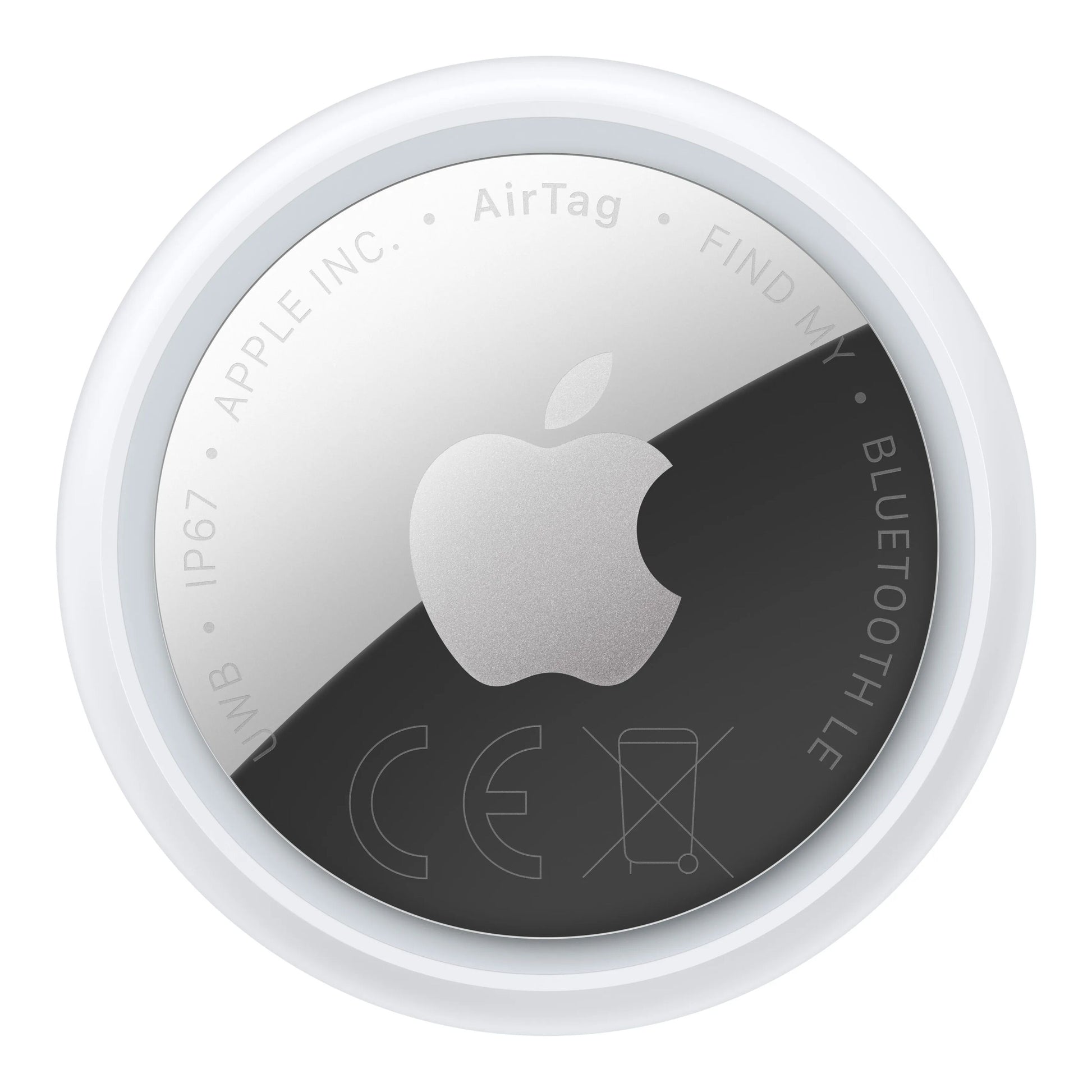 Apple AirTag 2. gen. 4-pak, rund Bluetooth nøglefinder, Apple-logo i midten, tekniske detaljer langs kanten.