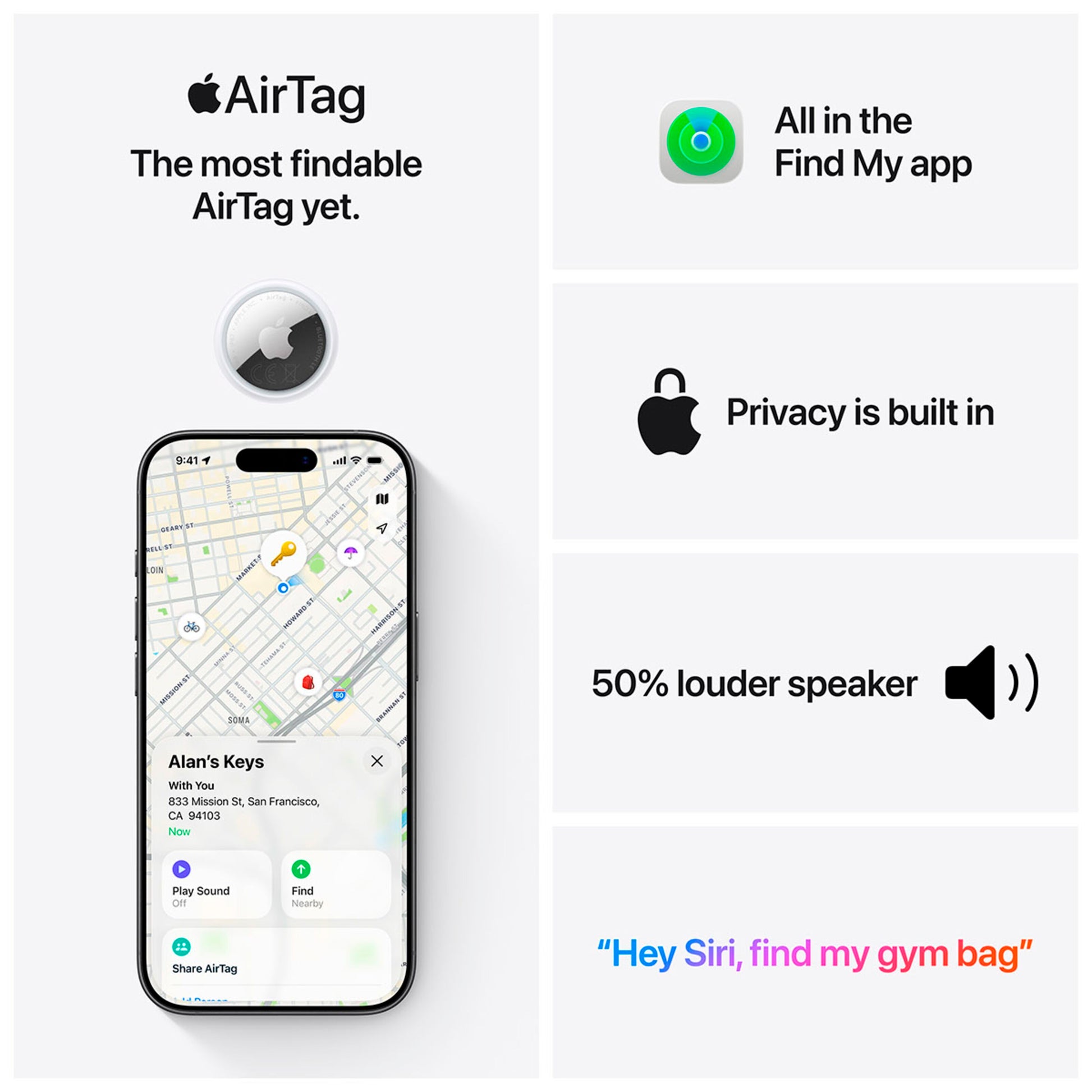 Apple AirTag 2. gen 4-pak med iPhone visning af nøgletracking på kort, Find My, præcis sporing, Siri, højere lyd.