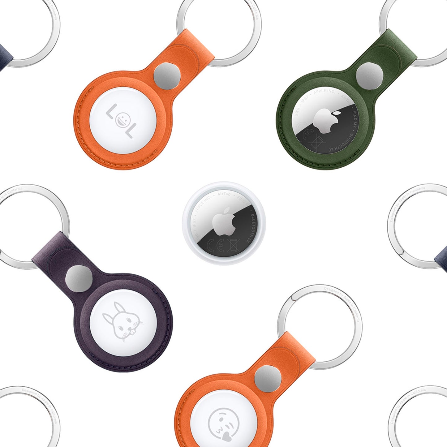 Apple AirTag 2. gen 4-pak i orange, grøn og lilla nøgleringe med gravering, for at løse nøglefindere.