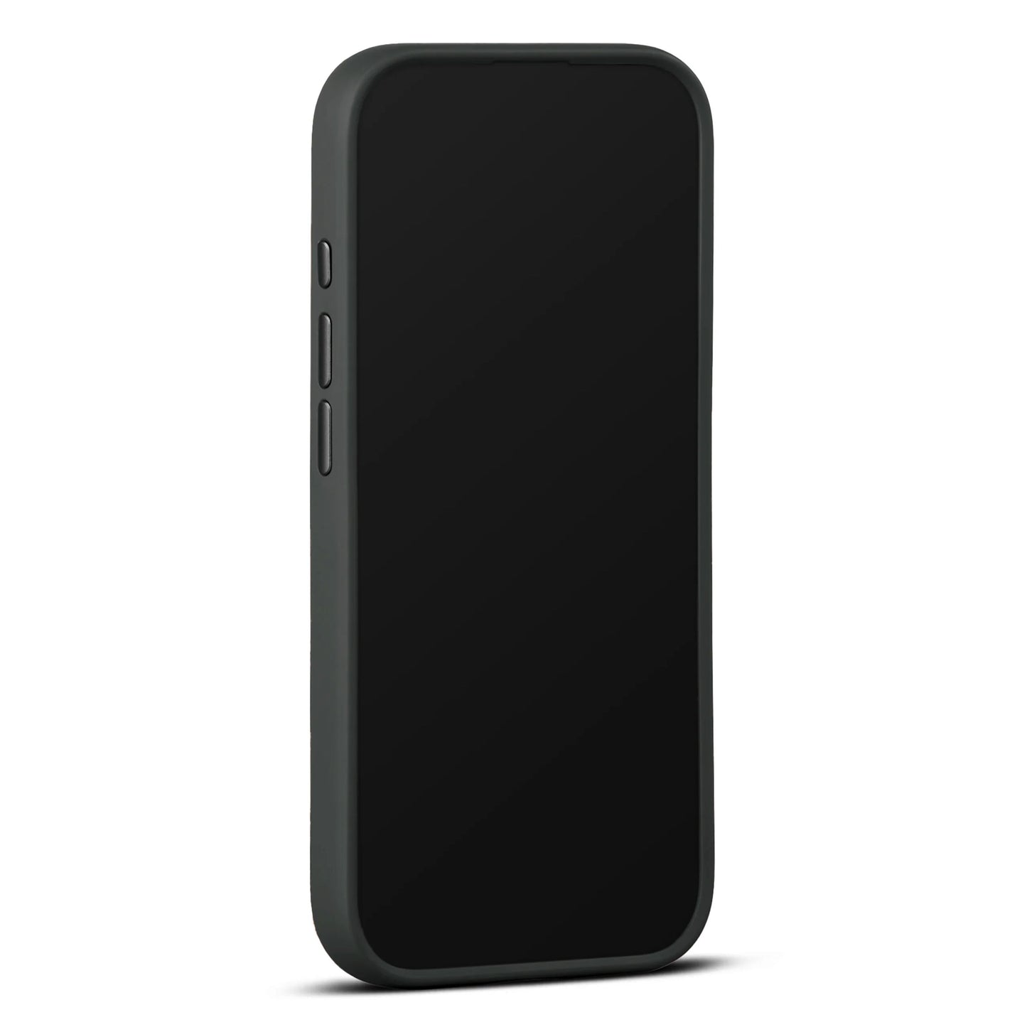 IPhone 17 i WOOLNUT læderetui Sort, tre venstre knapper, sort skærm, MagSafe kompatibel.