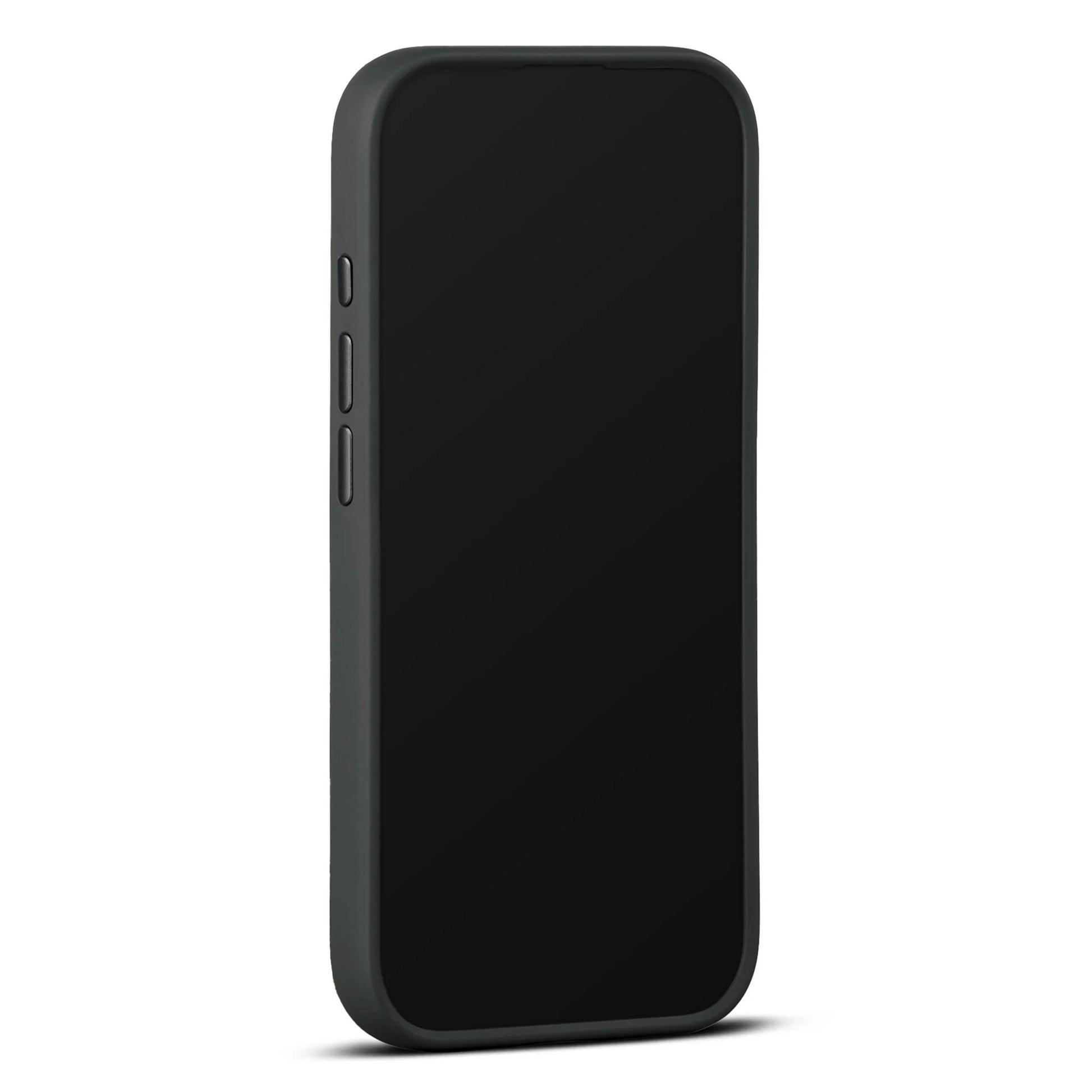 IPhone 17 i WOOLNUT læderetui Sort, tre venstre knapper, sort skærm, MagSafe kompatibel.