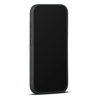 IPhone 17 i WOOLNUT læderetui Sort, tre venstre knapper, sort skærm, MagSafe kompatibel.