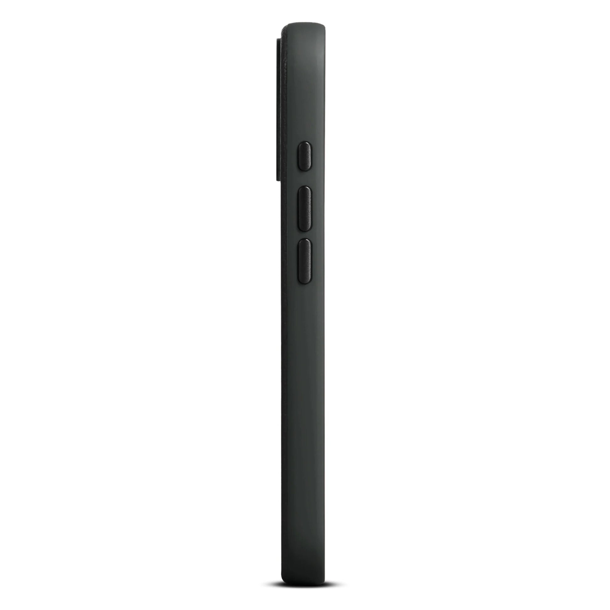 WOOLNUT læderetui til iPhone 17 sort, to volumenknapper, power-knap højre side, let hævet kamerabump, MagSafe-kompatibel.