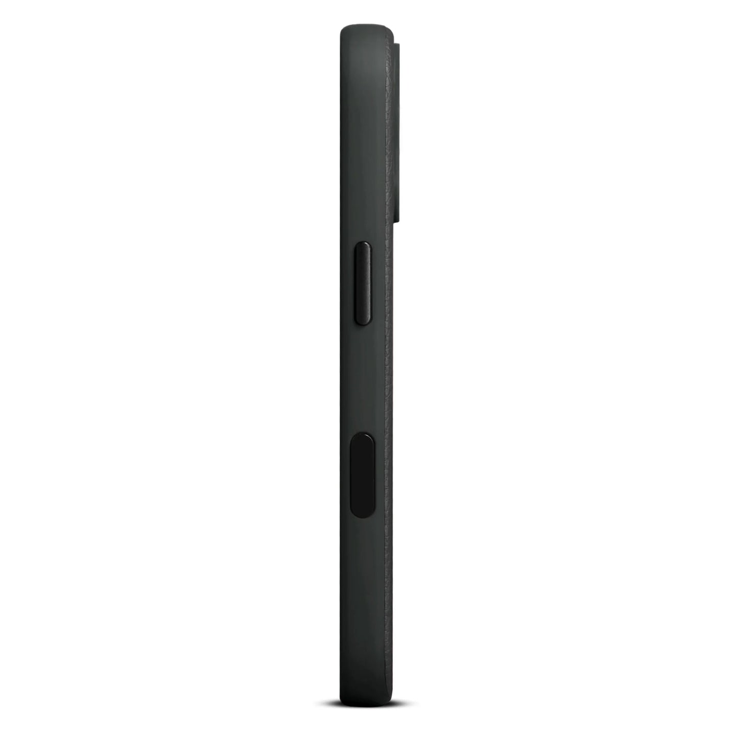 WOOLNUT læderetui til iPhone 17 Sort, sort smartphone sideprofil med knapper og let kamerabump.